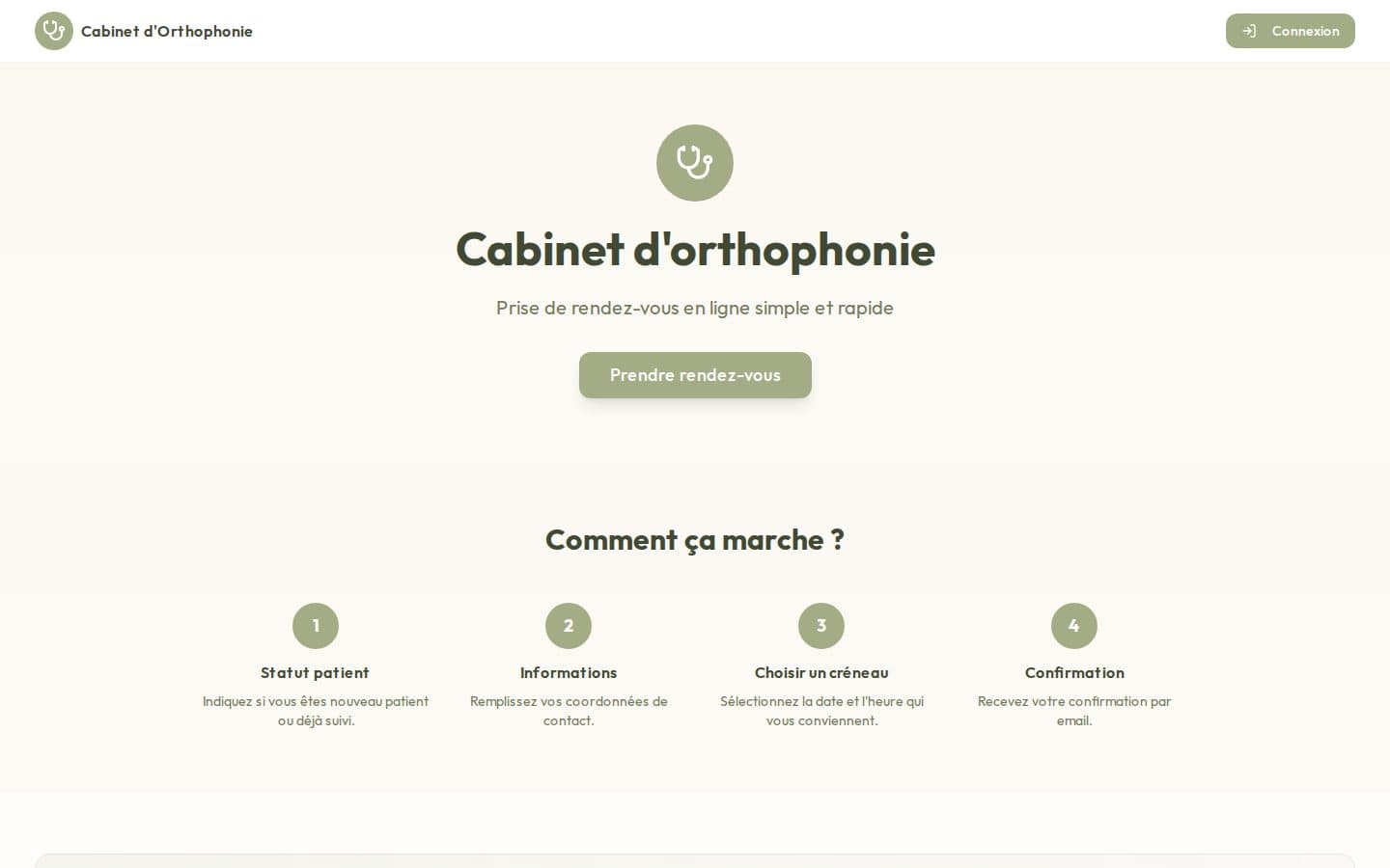 Page d'accueil du cabinet d'orthophonie avec le bouton « Prendre rendez-vous » et les quatre étapes de réservation
