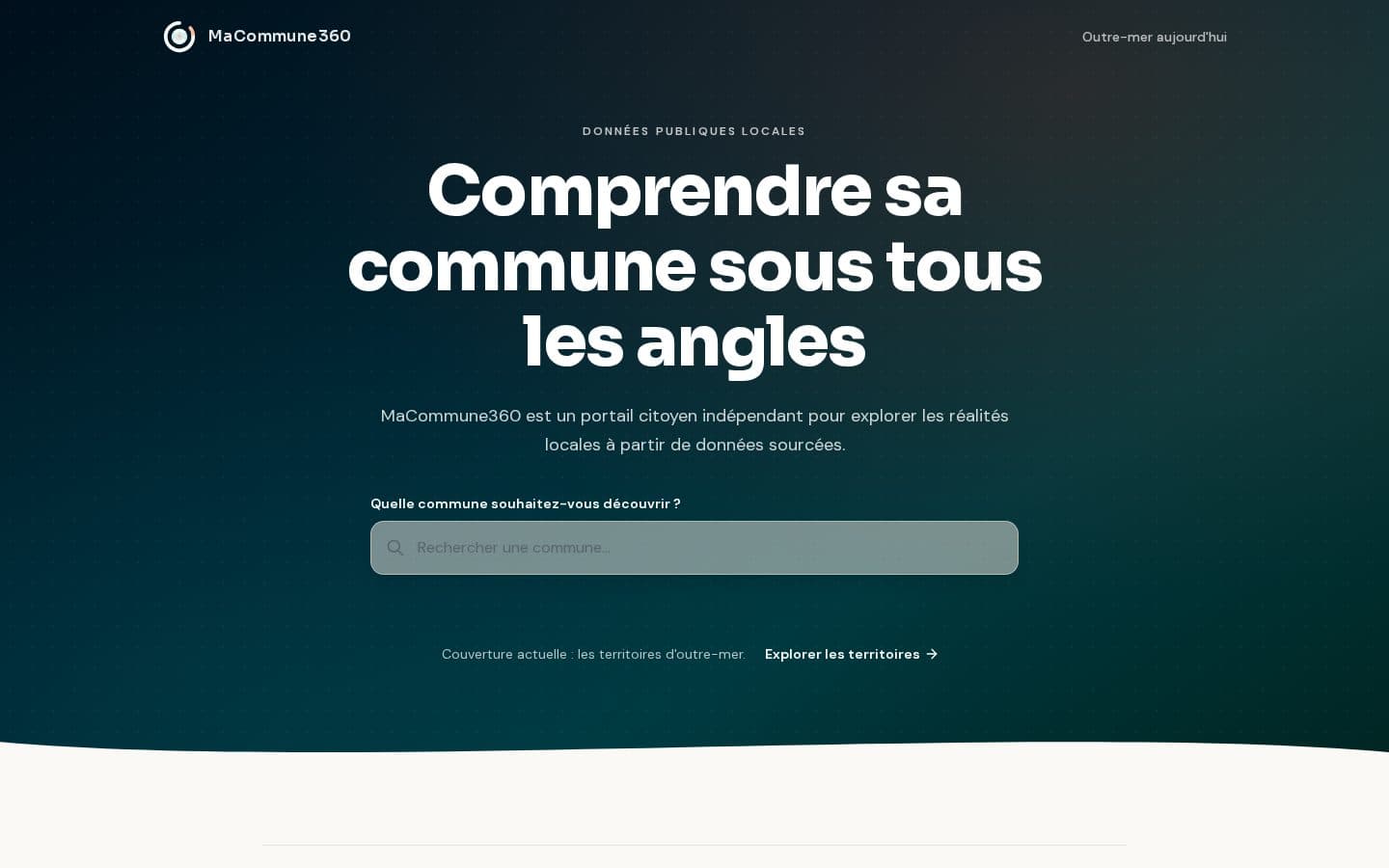 Page d'accueil de MaCommune360 avec le titre « Comprendre sa commune sous tous les angles » et un champ de recherche de commune