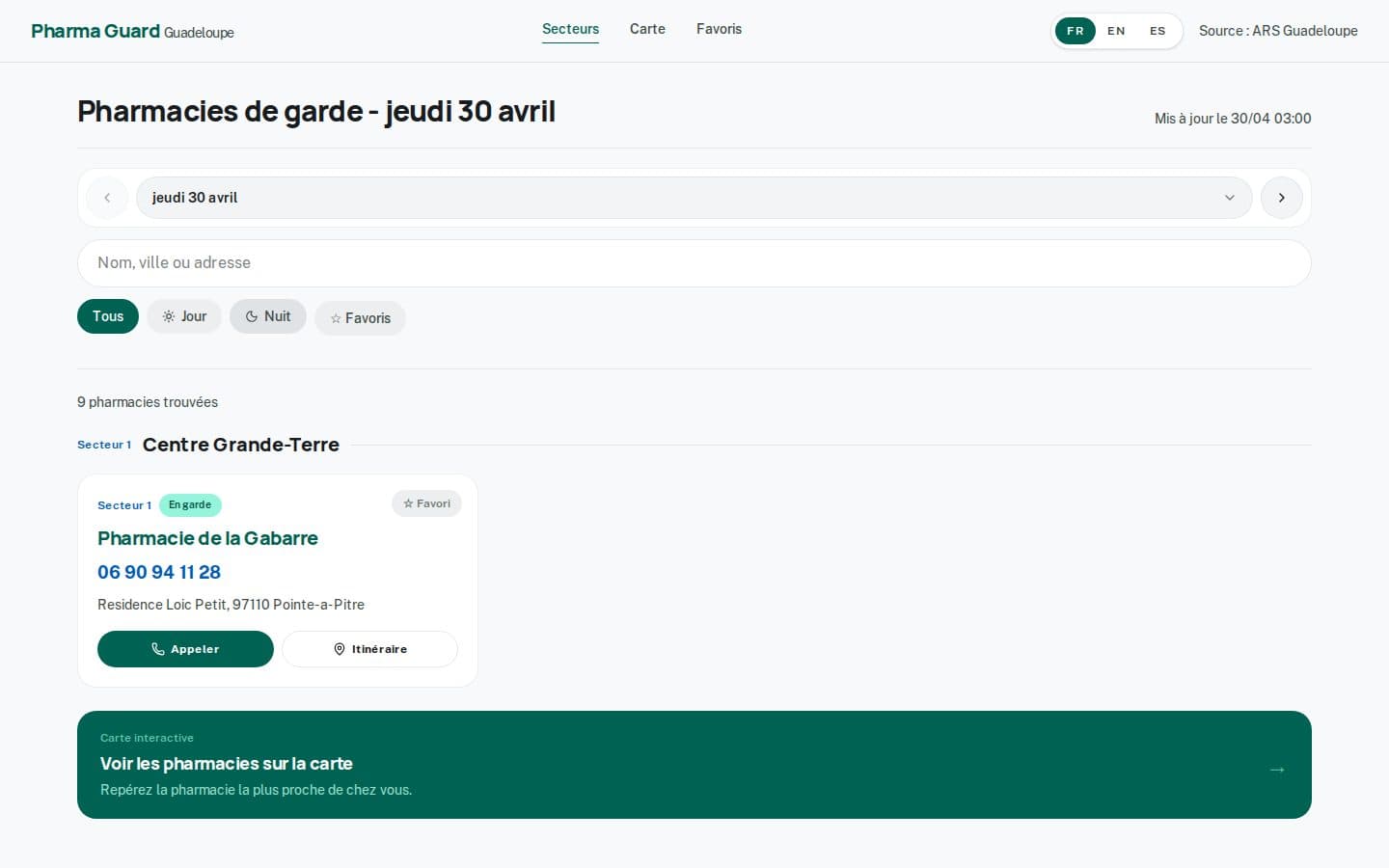 Pharma Guard : liste des pharmacies de garde en Guadeloupe par secteur, avec boutons Appeler et Itinéraire